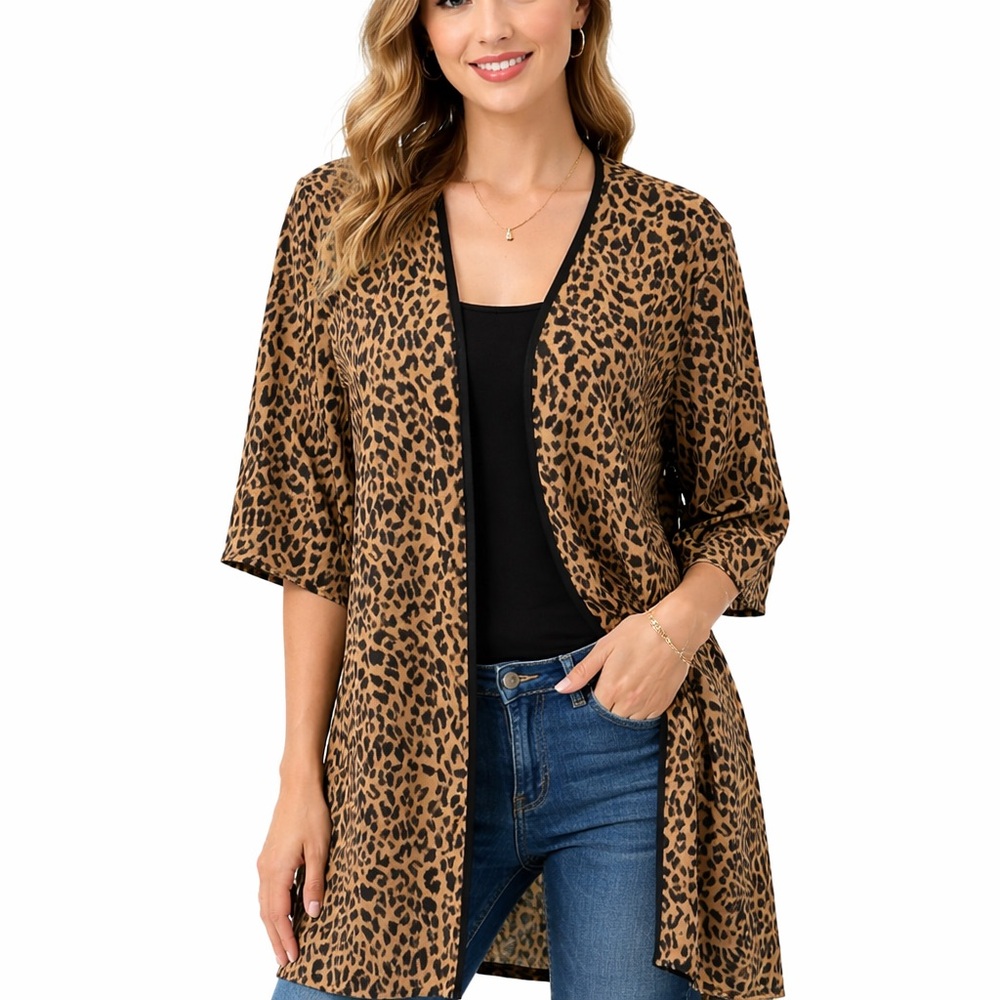Méchant Leopard Print Open Front Kimono Cardigan Size L Made in USA